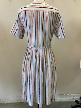Womens, Dress, NL, White, Blue, Red, Yellow, Beige, Polyester, Stripes, W29, B32, S/S,collar Band ,3 Button Top Pleated Skirt,over stitched Waist, Open Weave ,printed Design Stripes