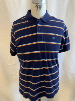LACOSTA, Navy Blue, Multi-color, Cotton, Stripes, S/S, 3 Buttons, Picque, Rib Knit Cuffs And Collar