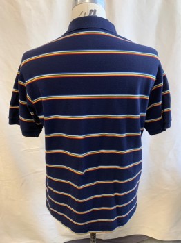 LACOSTA, Navy Blue, Multi-color, Cotton, Stripes, S/S, 3 Buttons, Picque, Rib Knit Cuffs And Collar