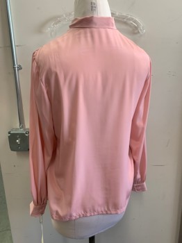 Womens, Blouse, N/L, Pink, Polyester, Solid, B 40, Long Sleeves, Button Front, Self Tie Collar, Cuff Buttons Moved 1" From Cuff Edge