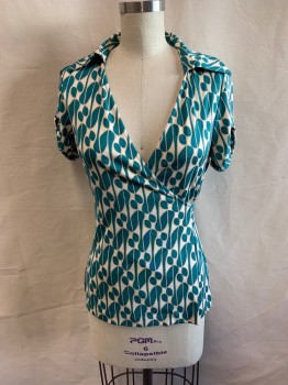 Womens, Top, DVF, Teal Green, Lt Beige, Beige, Silk, Geometric, Abstract , S, Big Pointed Collar Attached, Short Sleeves, Wrap Style, Ties Attached