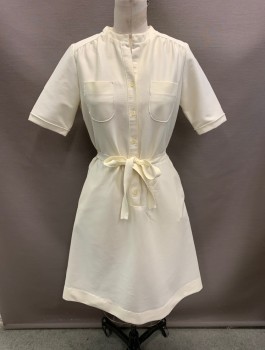 NL, Cream, Polyester, with Matching Belt,  Collar Band, 1/2 Button Front, S/S, Fathered at Waist, 2 Chest Patch Pockets, Side Waist Pockets, Hem Below Knee