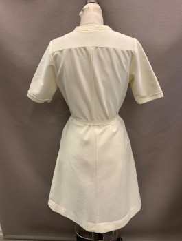NL, Cream, Polyester, with Matching Belt,  Collar Band, 1/2 Button Front, S/S, Fathered at Waist, 2 Chest Patch Pockets, Side Waist Pockets, Hem Below Knee