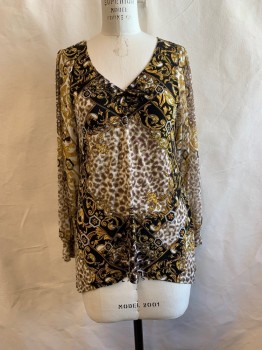 Womens, Top, ALFANI, Gold, Brown, White, Black, Polyester, Spandex, Floral, Animal Print, M, V-N, L/S, Knot at Bust, Sheer Sleeves, Leaves and Geo Print Mixture