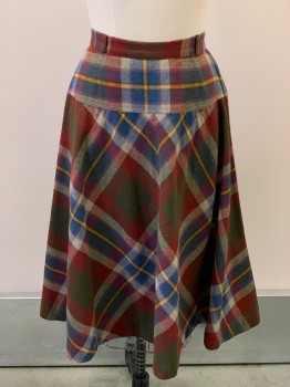 COLLEGE TOWN, Brick Red, Blue, Gray, Yellow, Acrylic, Wool, Plaid, Below Knee Length, Flared, Belt Loops, Back Zipper,