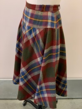 COLLEGE TOWN, Brick Red, Blue, Gray, Yellow, Acrylic, Wool, Plaid, Below Knee Length, Flared, Belt Loops, Back Zipper,