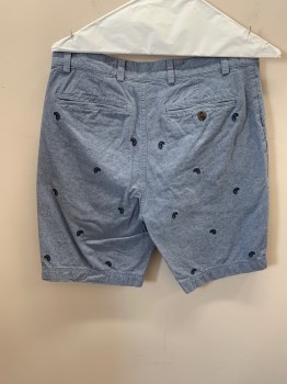 Mens, Shorts, BROOKS BROTHERS, Lt Blue, Navy Blue, Cotton, Paisley/Swirls, Heathered, W30, Side Pockets, Zip Front, F.F, 2 Back Welt Pockets, Cotton Chambray