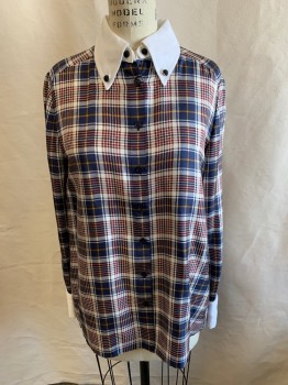 Womens, Blouse, TORY BURCH, Red, Navy Blue, Goldenrod Yellow, White, Brown, Polyester, Silk, Plaid, Plaid-  Windowpane, 6, B.F., L/S, Button Down C.A., Cufflinks, Box Pleat At Back, Removable Collar