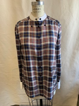 Womens, Blouse, TORY BURCH, Red, Navy Blue, Goldenrod Yellow, White, Brown, Polyester, Silk, Plaid, Plaid-  Windowpane, 6, B.F., L/S, Button Down C.A., Cufflinks, Box Pleat At Back, Removable Collar