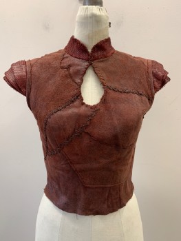 NO LABEL, Burnt Umber Brn, Brick Red, Suede, Polyester, Patchwork, 3 Layered Cap Sleeves, Collar Band, Keyhole, Reptile Skin Texture On Collar And Sleeves, Stitch Detail, Back Zip, Made To Order,