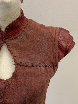 Womens, Sci-Fi/Fantasy Piece 1, NO LABEL, Burnt Umber Brn, Brick Red, Suede, Polyester, Patchwork, W:27, B: 34, 3 Layered Cap Sleeves, Collar Band, Keyhole, Reptile Skin Texture On Collar And Sleeves, Stitch Detail, Back Zip, Made To Order,