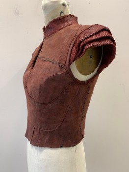 NO LABEL, Burnt Umber Brn, Brick Red, Suede, Polyester, Patchwork, 3 Layered Cap Sleeves, Collar Band, Keyhole, Reptile Skin Texture On Collar And Sleeves, Stitch Detail, Back Zip, Made To Order,
