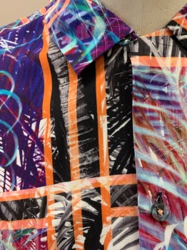 Mens, Casual Shirt, INC, Black, White, Orange, Purple, Rayon, Leaves/Vines , M, S/S, Button Front, C.A., High Contrast Palm Print with Grid Over Top
