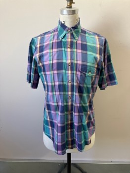 GANT, Turquoise Blue, Lavender Purple, Navy Blue, Cream, Poly/Cotton, Plaid, Btn Down Collar, B.F., S/S, 1 Flap Pckt, Yoke with Back Box Pleat And Hang Loop