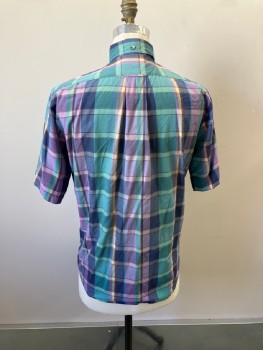 GANT, Turquoise Blue, Lavender Purple, Navy Blue, Cream, Poly/Cotton, Plaid, Btn Down Collar, B.F., S/S, 1 Flap Pckt, Yoke with Back Box Pleat And Hang Loop