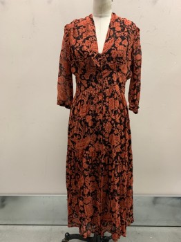 BA&SH, Coral Orange, Black, Red, Viscose, Floral, Sheer Print Over Black Lining, V-N, Button Front Neck To Hem, L/S, Ruffles At Shoulder Seams, Wide High Waistband Insert