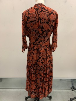 BA&SH, Coral Orange, Black, Red, Viscose, Floral, Sheer Print Over Black Lining, V-N, Button Front Neck To Hem, L/S, Ruffles At Shoulder Seams, Wide High Waistband Insert