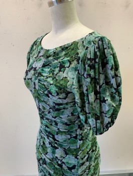 Womens, Dress, Short Sleeve, GANNI, Black, Green, Lt Blue, Polyamide, Elastane, Floral, Sz.34, XS, Stretchy Mesh Material, Mini Length, Ruched At Left Side, Round Neck, Elastic Arm Openings