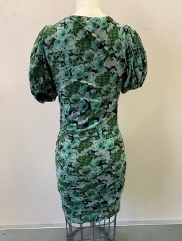 Womens, Dress, Short Sleeve, GANNI, Black, Green, Lt Blue, Polyamide, Elastane, Floral, Sz.34, XS, Stretchy Mesh Material, Mini Length, Ruched At Left Side, Round Neck, Elastic Arm Openings