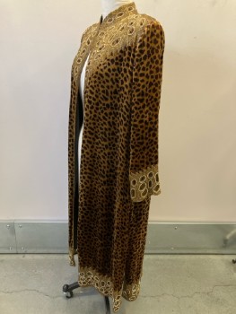 TAN CHHO, Brown, Gold, Black, Rayon, Animal Print, CB, Hook & Eye Closure At Neck, Beaded Detail On Collar, Yoke, Cuffs, And Bottom Trim With Cutouts, Velvet Leopard Print, 2 Pckts, Side Vents, Long Length