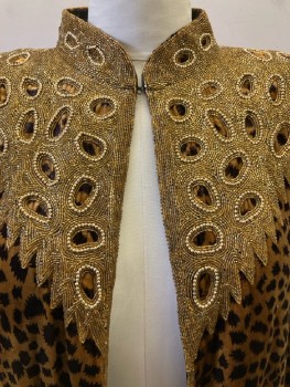 TAN CHHO, Brown, Gold, Black, Rayon, Animal Print, CB, Hook & Eye Closure At Neck, Beaded Detail On Collar, Yoke, Cuffs, And Bottom Trim With Cutouts, Velvet Leopard Print, 2 Pckts, Side Vents, Long Length