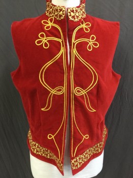 WINDLASS, Red, Gold, Cotton, Solid, Velvet, with Gold Ornate Embossed Work on Mock Collar Attached, Center Front & Hem, Hook Front, Multiples,
