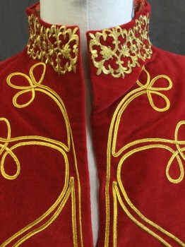 WINDLASS, Red, Gold, Cotton, Solid, Velvet, with Gold Ornate Embossed Work on Mock Collar Attached, Center Front & Hem, Hook Front, Multiples,