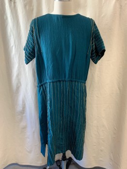 MTO, Teal Blue, Cotton, Tunic, Metallic Gold Trim, Gathered at Waist, Short Sleeves, Zip Back, Hem Below Knee