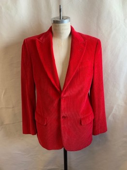 VALENTINO, Red, Cotton, Solid, JACKET, Single Breasted, 2 Buttons, Peaked Lapel, 3 Pockets, Vent Back, 4 Button Cuffs, Red Corduroy