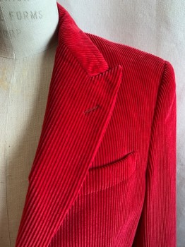 VALENTINO, Red, Cotton, Solid, JACKET, Single Breasted, 2 Buttons, Peaked Lapel, 3 Pockets, Vent Back, 4 Button Cuffs, Red Corduroy