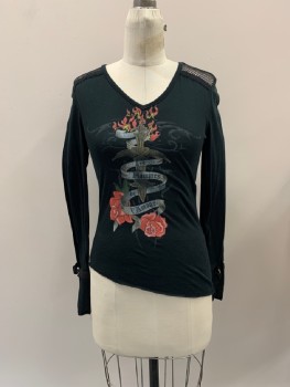 Womens, Top, FANG GLAM, Black, Red, Gray, Green, Yellow, Cotton, Graphic, Novelty Pattern, M, Jersey Knit, V-N, Netted Shoulders, L/S, Buckles @ Cuffs, Lit Torch with Rose "Les Flames De Amour", Asymmetrical Hem