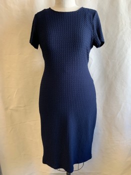 Womens, Dress, Short Sleeve, R&K, Navy Blue, Polyester, Spandex, Solid, Textured Fabric, L, Round Neck, Tie At Back,