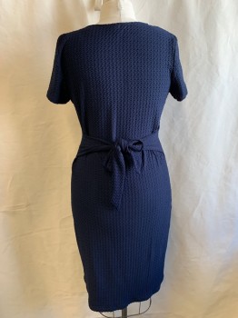 Womens, Dress, Short Sleeve, R&K, Navy Blue, Polyester, Spandex, Solid, Textured Fabric, L, Round Neck, Tie At Back,