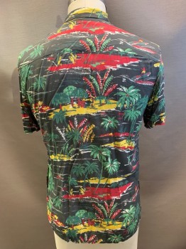 ALL SAINTS, Charcoal Gray, Green, Yellow, Red, White, Viscose, Hawaiian Print, S/S, Button Front, Collar Attached,