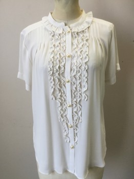 ANN TAYLOR, Off White, Polyester, Solid, S/S, Pearl Button Front, Ruffle Stripes Attached , Band Collar with Ruffle Attached, Pleated From Shoulders, Pleated Center Back