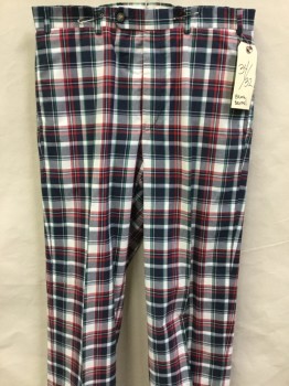 Mens, Casual Pants, BROOKS BROTHERS, Navy Blue, Red, Kelly Green, White, Cotton, Plaid, 32, 34, Flat Front, Zip Front, Button Tab, 4 Pockets,
