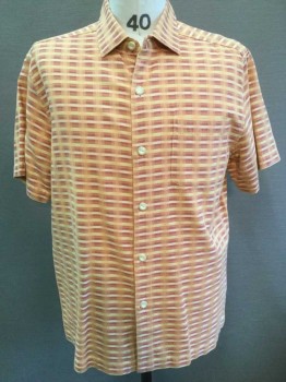 TOMMY BAHAMA, Orange, Terracotta Brown, Yellow, White, Mauve Pink, Silk, Cotton, Stripes - Horizontal , Stripes - Vertical , Short Sleeve Button Front, Collar Attached, 1 Pocket