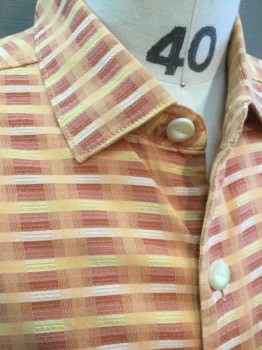 TOMMY BAHAMA, Orange, Terracotta Brown, Yellow, White, Mauve Pink, Silk, Cotton, Stripes - Horizontal , Stripes - Vertical , Short Sleeve Button Front, Collar Attached, 1 Pocket