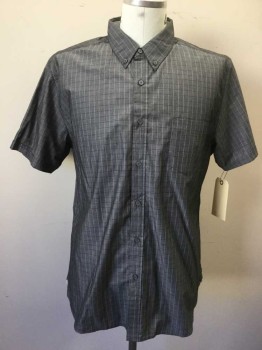HAGGAR, Gray, White, Black, Cotton, Polyester, Grid , Button Front, Button Down Collar, Short Sleeves, 1 Pocket,