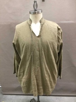Mens, Historical Fiction Shirt, Taupe, Polyester, Cotton, XL, Long Sleeves, Collar Band, Split Neck, Self Tie, Aged, Tie At One Sleeve