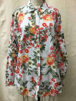 LAURA SCOTT, White, Red-Orange, Peach Orange, Green, Pink, Cotton, Spandex, Floral, Button Front, Collar Attached,  Long Sleeves,