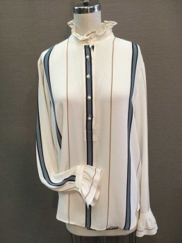 ANN TAYLOR, Off White, Slate Blue, Navy Blue, Brown, Polyester, Stripes, Off White with Navy/Slate Blue Stripe and Skinny Brown Stripe, 1/2 Pearl Button Front, Ruffle Collar, Ruffle Cuff