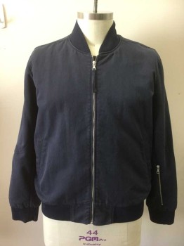 Mens, Casual Jacket, VINCE, Navy Blue, Cotton, Polyester, Solid, XXL, Zip Front, 2 Pockets, Ribbed Knit Collar/Waistband/Cuff, Vented Back, Zip Pocket Left Lower Sleeve