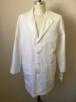 LANDAU, White, Poly/Cotton, Solid, Button Front, Collar Attached, Notched Lapel, Long Sleeves, 4 Pockets, 4 Buttons, 2 Side Seam Pocket Holes, Pleated at Back Waist
