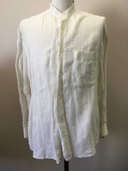 LUCIANO MORESCO, Off White, Cotton, Solid, Gauze Like Fabric, Long Sleeve Button Front, Band Collar, 1 Large Patch Pocket,