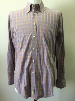 TAILORBYRD, Blue, Orange, Red, Cotton, Plaid, Button Front, Collar Attached, Button Down Collar, Long Sleeves