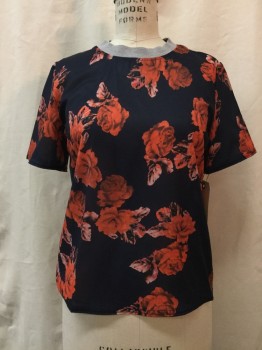 Womens, Top, ZARA, Navy Blue, Red-Orange, Heather Gray, Synthetic, Floral, M, Navy, Red/orange Floral Print, Heather Gray Crew Neck, Short Sleeves,