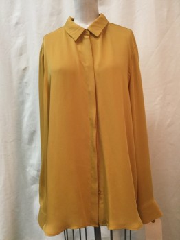 H&M, Gold, Synthetic, Solid, Gold, Button Front, Collar Attached, Long Sleeves,