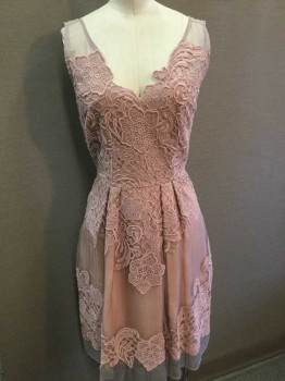 Womens, Cocktail Dress, YOANNA BARASCHI, Mauve Pink, Cotton, Synthetic, Floral, B30, 2, W27, Lt Pink Lining, V-neck, 1-1/2" Sheer Straps, 4 Pleat Skirt, Zip Back