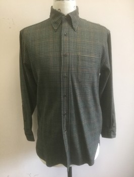 BROOKS BROTHERS, Olive Green, Navy Blue, Maroon Red, Cotton, Wool, Houndstooth, Plaid-  Windowpane, Flannel, Long Sleeve Button Front, Collar Attached, Button Down Collar, 1 Patch Pocket, Has a Double
